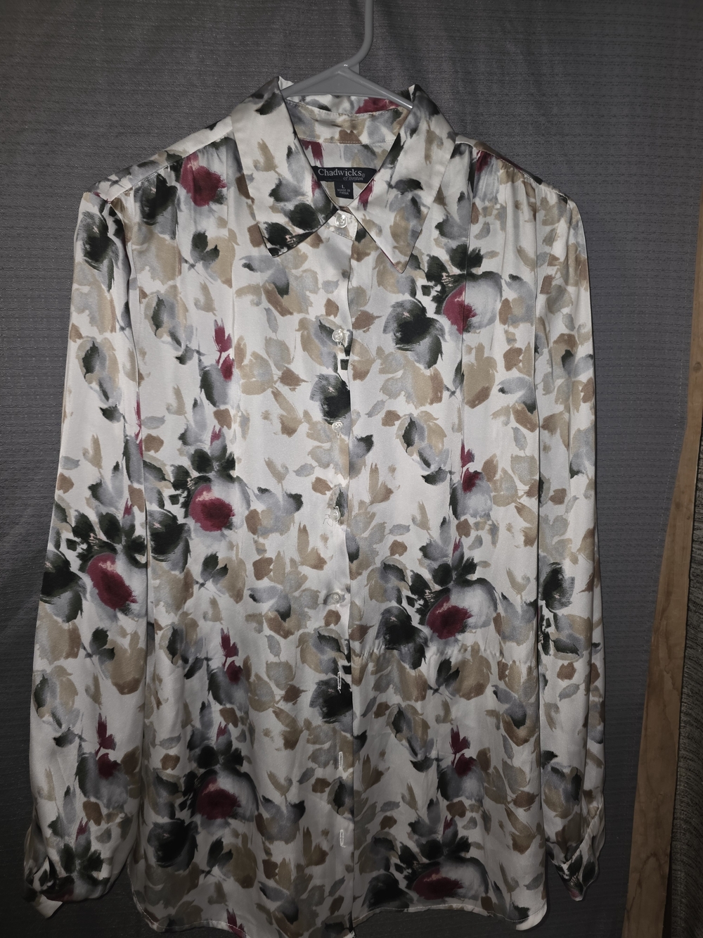Chadwicks Floral Satin Button-Up Blouse in Ivory with Burgundy & Olive